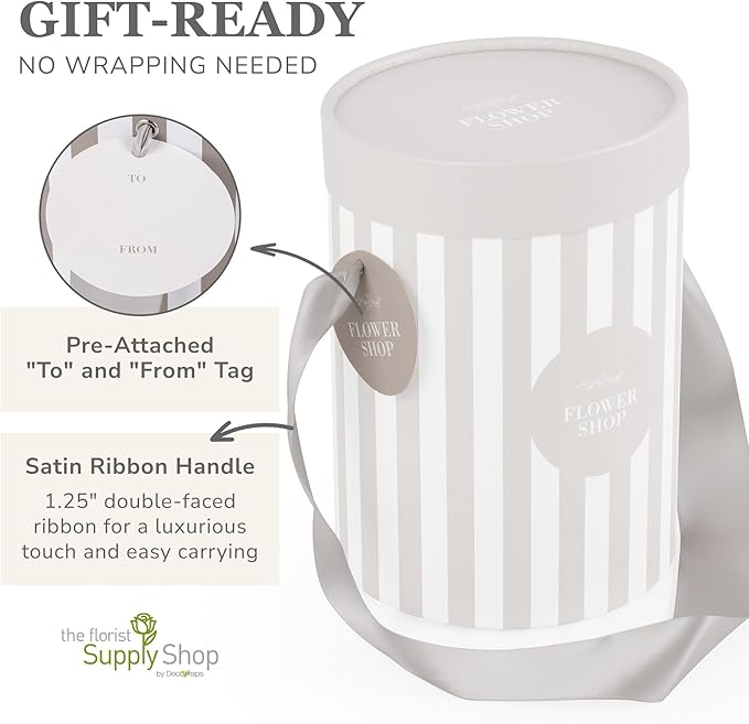 Striped Flower Hat Box 2 Pack | Round Flower Boxes for Arrangements | Satin Ribbon Handle & Waterproof Liner | Gift Box for Flowers with Lids