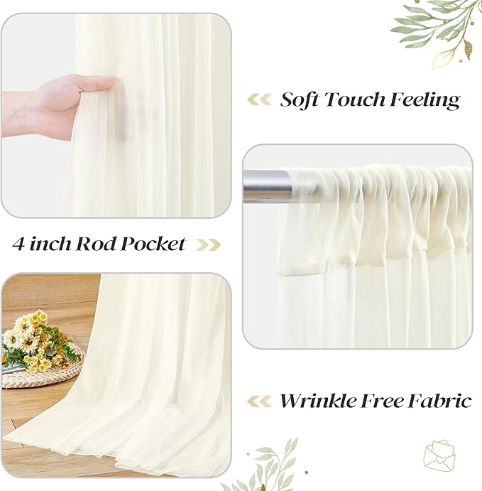 20ft x 10ft Ivory Backdrop Curtain with Lights String for Parties, Sheer Tulle Wedding Photo Backdrops Drapes for Baby Shower Birthday Party Decorations Background for Photography
