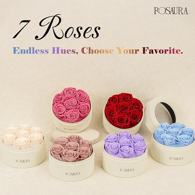 Rosaura Round Preserved Roses Gift Box - Real Forever Flowers for Birthday, Valentine's & Mother's Day (Sky Blue, 7 Roses)
