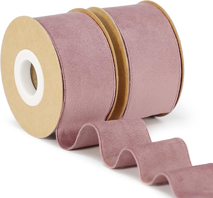 Rose Gold Velvet Ribbon, 1-1/2 inch Wide Handmade Fabric Ribbons for Christmas Decor, Flower Bouquet, Wedding Decoration, Baby Shower, 2 Rolls
