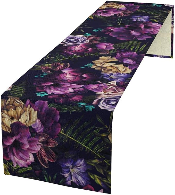 Gothic Flower Table Runner, Watercolor Vintage Dark Purple Floral Romantic Flower Blooming Table Runner for Home Kitchen Dining Table Decor, 13x36inch
