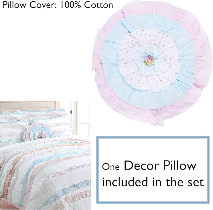 Cozy Line Home Fashions 100% Cotton Chic Ruffle Light Lavender Orchid Blue Flower Print Stripe Bedding Quilt Set, Reversible Coverlet, Bedspread (Chic Ruffle, Twin + Décor Pillows)