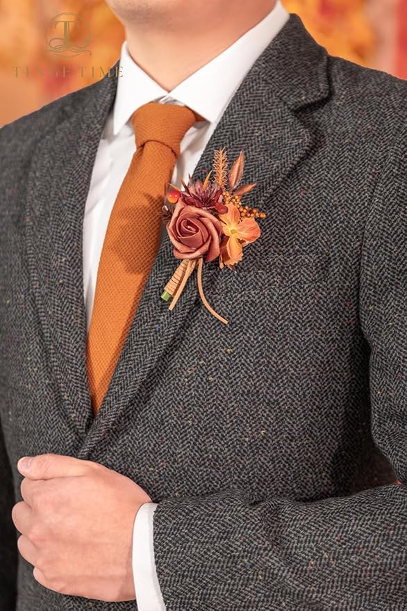 TINGE TIME Boutonniere for Men, Groom and Best Man Boutonniere for Wedding Ceremony Anniversary, Formal Dinner Party and Rustic Fall Wedding Marriage (Maple Red)