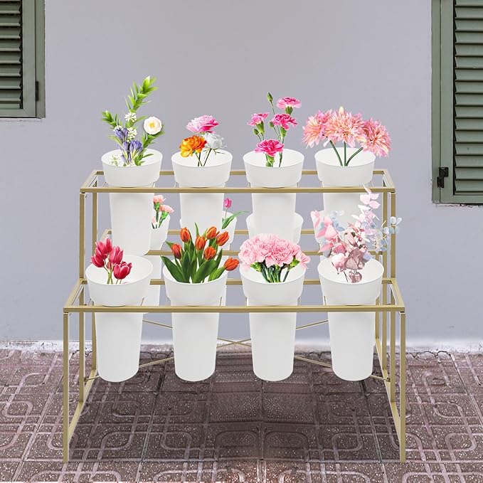 Flower Display Stand with 12 Pcs Buckets 3 Layers Metal Plant Stand Plant Cart Shelf Flower Bucket Rack Stand for Indoor Florist Garden Patio (Gold Stand-White Round Buckets)