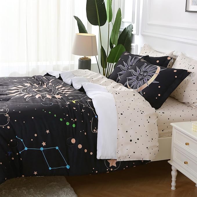 7 Piece Sun and Moon Comforter Set Bed in a Bag King Size - Boho Celestial Constellations Bedding for Girls Women - Black Gold - Lightweight Comforter with Sheets and Pillowcases