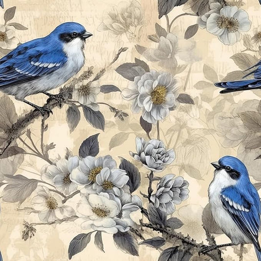 Vintage White Cherry Flowers Blue Birds Peel and Stick Wallpaper Easy Peel Off Contact Paper Stick on Adhesive Wall Paper for Bathroom Waterproof Renter Friendly