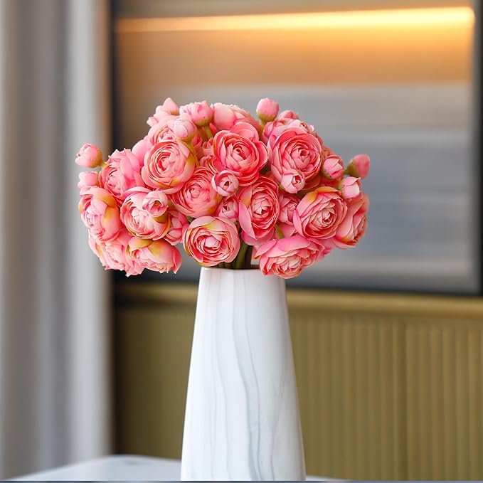 24 Pcs Ranunculus Artificial Flowers 10.5", Mini Faux Silk Ranunculus with Stem, Fake Flowers for Home Decor Indoor Wedding Bouquets Centerpieces (Coral)