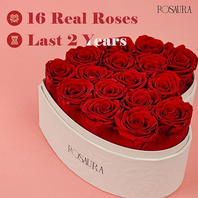 Rosaura Heart-Shaped Preserved Roses Gift Box - Real Forever Flowers for Birthday, Valentine's & Mother's Day (red, 16 Roses)