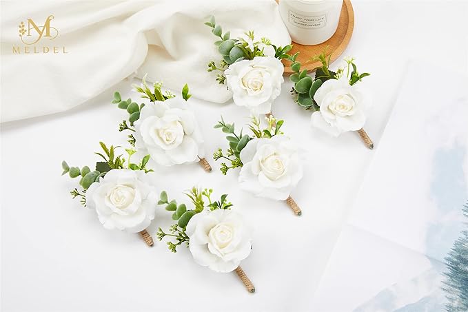 Meldel White Corsage and Boutonniere Set, Ivory Boutonniere, Prom Flower Wrist Corsage Bracelets, Homecoming Corsage Wristlet, Men Boutonniere for Wedding Flowers Accessories Prom Suit Decorations