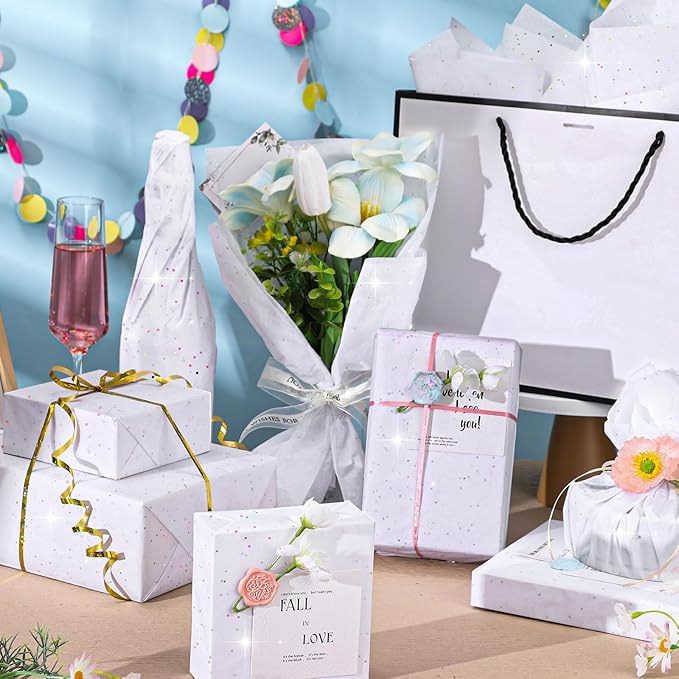woric 135 Sheets White Tissue Paper for Gift Bags 20 x 14 Inch Glitter Tissue Paper for Birthday Baby Shower Wedding Christmas Decor Art DIY Crafts