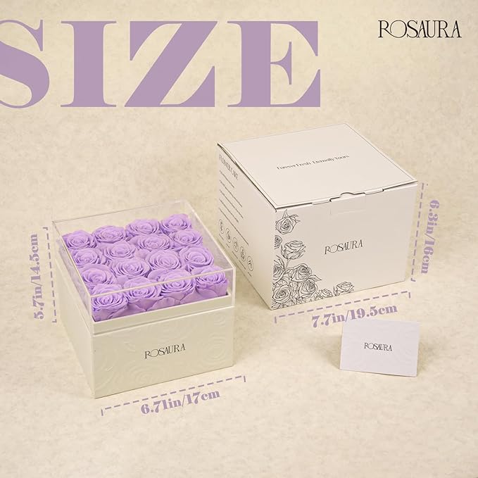 Rosaura Square Preserved Roses Gift Box - Real Forever Flowers in Clear Acrylic Lid, Valentine's for Women (Light Purple, 16 Roses)