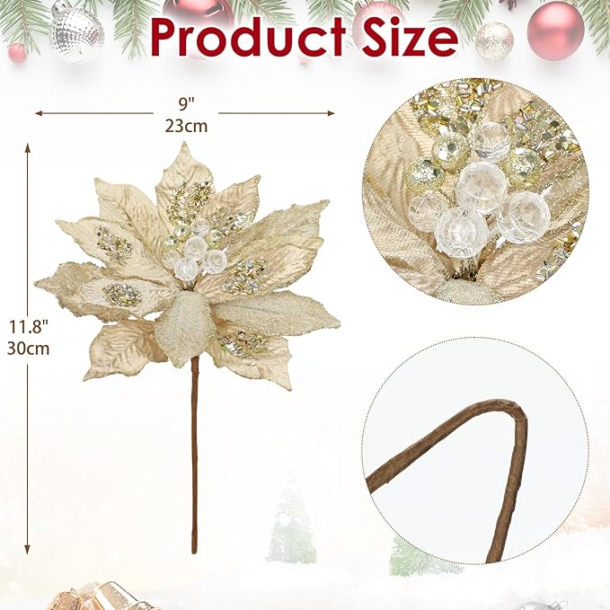 4 Pcs Poinsettia Artificial Christmas Flowers - 11.8" Christmas Flower Picks Large Champagne Gold Glitter Ornaments Silk Floral Stems for Xmas Tree Decoration Wreath Garland Fireplace Stairs Decor
