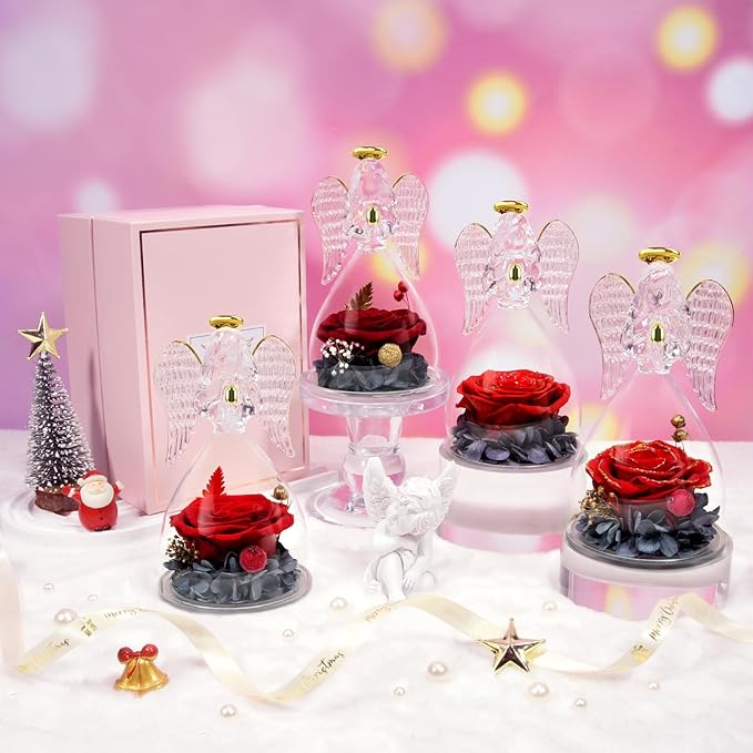 Sunia Preserved Flower Rose Gift for Women - Mother's Day Birthday Gifts for Mom Wife Grandma, Glass Angel Figurines Forever Real Roses Gifts for Her Valentine Day Thanksgiving﻿ (Red)