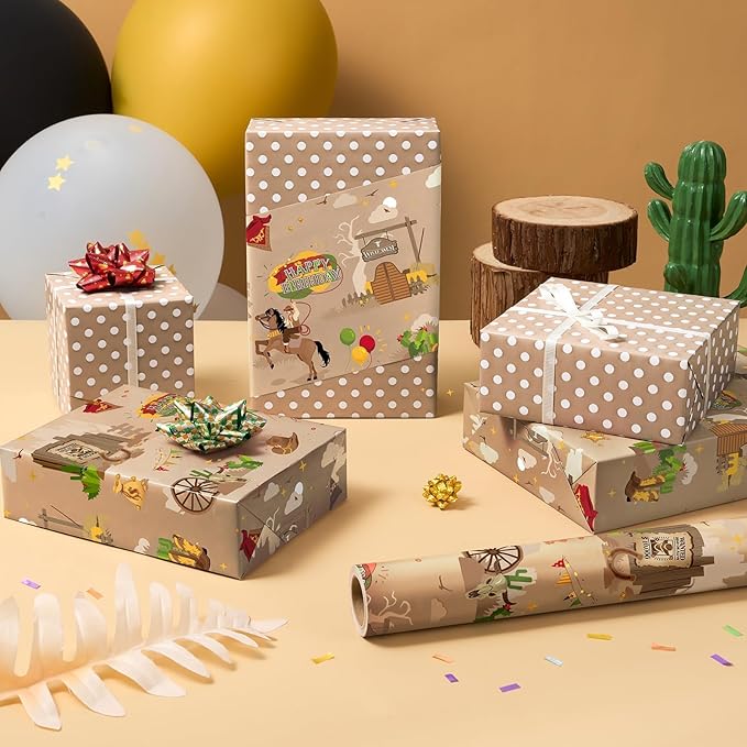 WERNNSAI Cowboy Wrapping Paper - 1 Roll 17” x 16.4ft Western Birthday Gift Wrap Men Boys Birthday Wrapping Paper Brown Cowboy Gift Packing Decoration Reversible Polka Dot Design