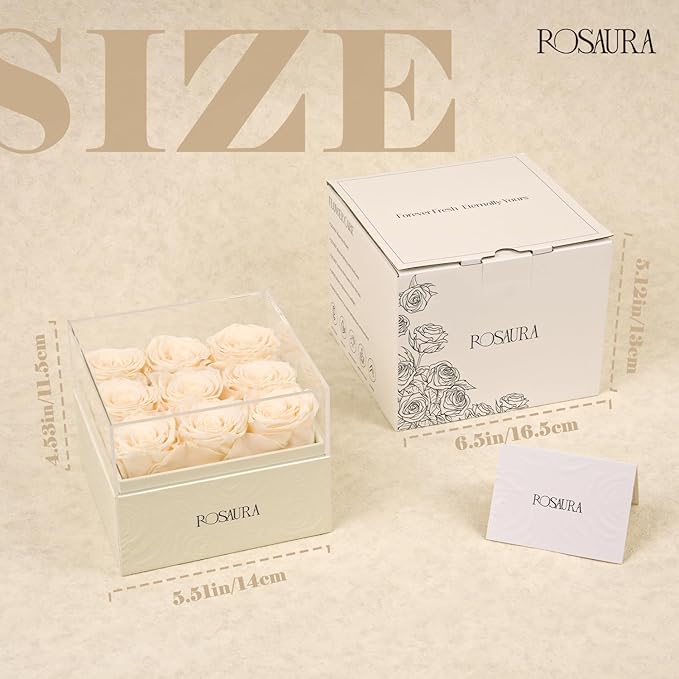 Rosaura Square Preserved Roses Gift Box - Real Forever Flowers in Clear Acrylic Lid, Valentine's for Women (Champagne, 9 Roses)