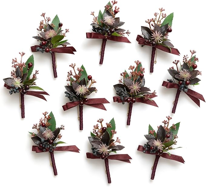 Ling's Moment Boutonniere for Men, 10pcs Groomsmen Guest Boutonniere, Artificial Flowers for Wedding Décor/Prom/Homecoming,etc.Black Baccara Burgundy