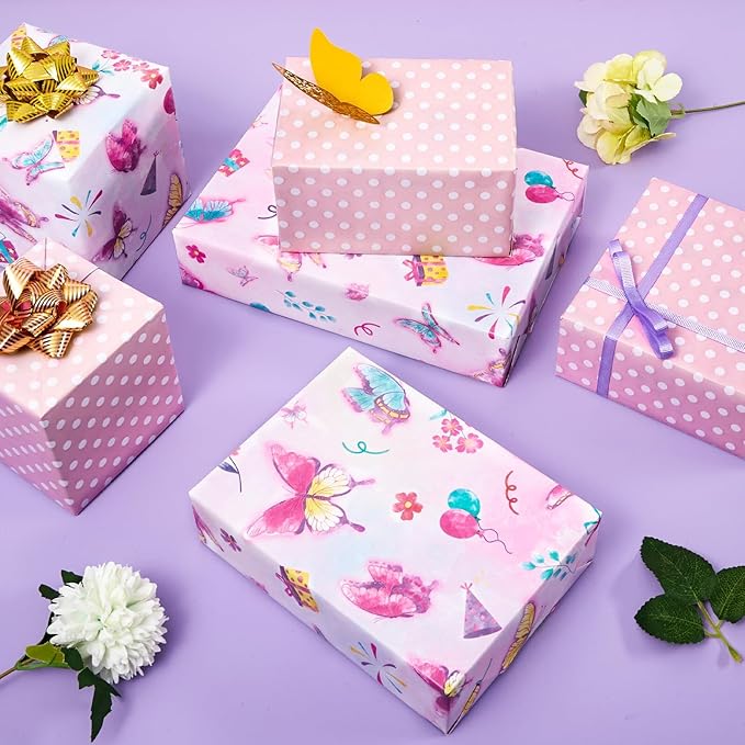 WERNNSAI Butterfly Wrapping Paper Roll - 1 Roll 17” x 33 ft Butterfly Fairy Wrapping Paper Pink Purple Flower Gift Packing for Kids Girls Birthday Baby Shower Bridal Shower Decor Reversible Polka Dot Design