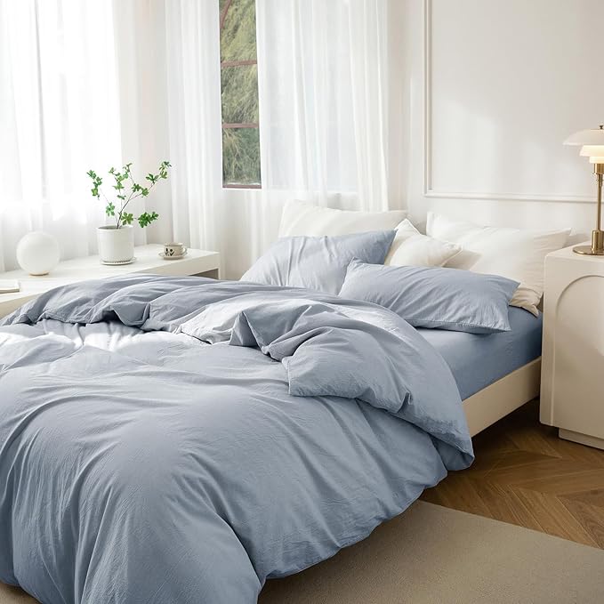 JIYUAN 100% Washed Cotton Duvet Cover Set 3 Pieces King, 1 Duvet Cover 104x90 Inches(Comforter Not Included) and 2 Pillowcases,Linen Feel Bedding Set Comfy and Breathable, Heathered Light Blue