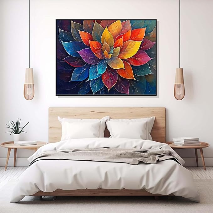 Colorful Flower Canvas Wall Art, Abstract Floral Canvas Prints, Lotus Blossom Pictures Wall Decor, Zen Painting, Yoga Studio Wall Decor (Black Framed, 27"Wx19"H/70x50cm)