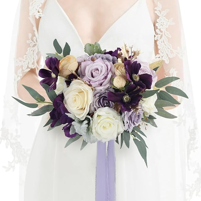 Rinlong Wedding Bouquet for Bride 11" Violet Purple Bridal Bouquets Artificial Flowers Purple Silk Wedding Proposal Bouquet