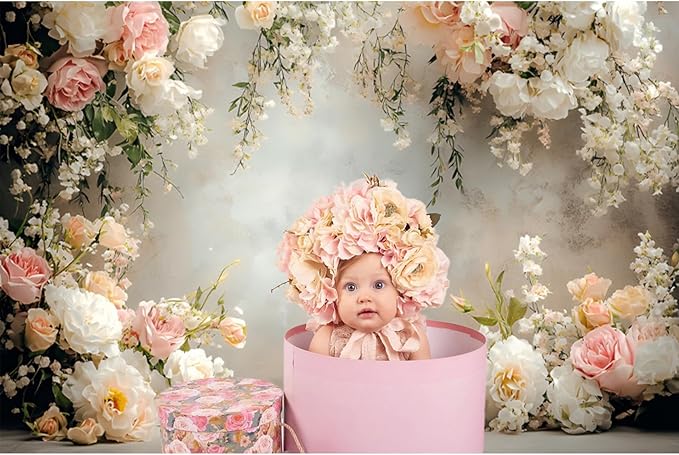 Baocicco 10x6.5ft Vinyl Flowers Wall Photography Backdrop Vinatage Wall White Pink Floral European Style Background Outdoor Wedding Birthday Party Banner Supplies Garden Home Decor Studio Props