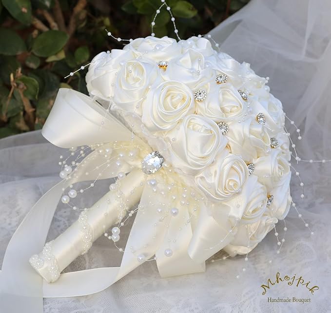 Bridal Wedding Bouquet Round Bling Brooch Bouquet Throw Toss Artificial Rose Flower Bunch for Bride Bridesmaid Wedding Quinceanera(Ivory, 8.7")