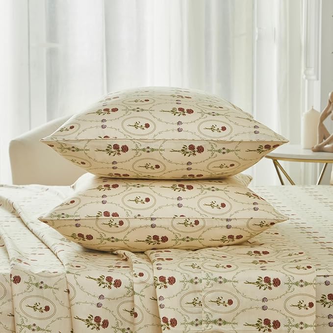 FADFAY Queen Size 100% Cotton Beige Bed Sheets Set Elegant Red Rose Floral Pattern, Soft and Luxurious Shabby Vintage French Country Bedding, 4 Pieces Deep Pocket Fitted Sheet