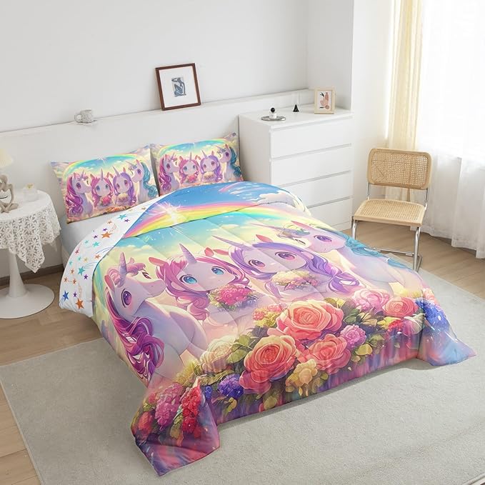 Castle Fairy Kawaii Unicorn Comforter Set Twin Size,Cartoon Cute Unicorn Horse Animal Reversible Bedding Set for Kids Boys Men,Stars Rainbow Watercolor Flowers Quilted Duvet Set with 1 Pillowcase