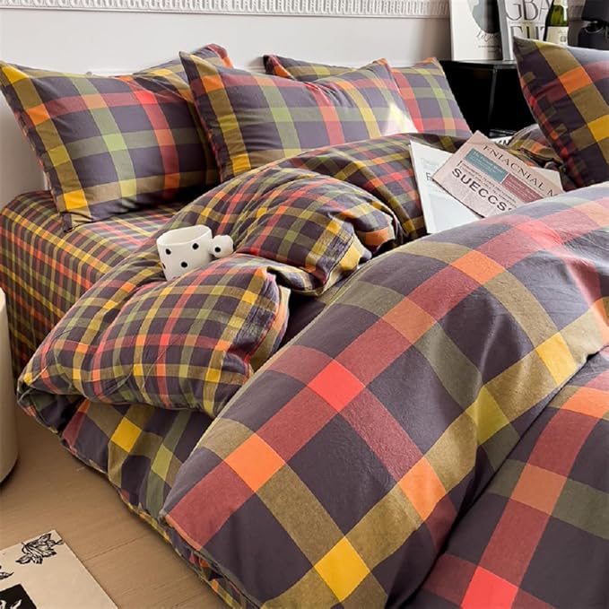 Multicolor Plaid Queen Size Comforter Set Modern Style Checkered Pattern Comforter Buffalo Grid Plaid Gingham Bedding Comforter Set for All Seasons Farmhouse Grid Bed Comforter with 2 Pillowcases
