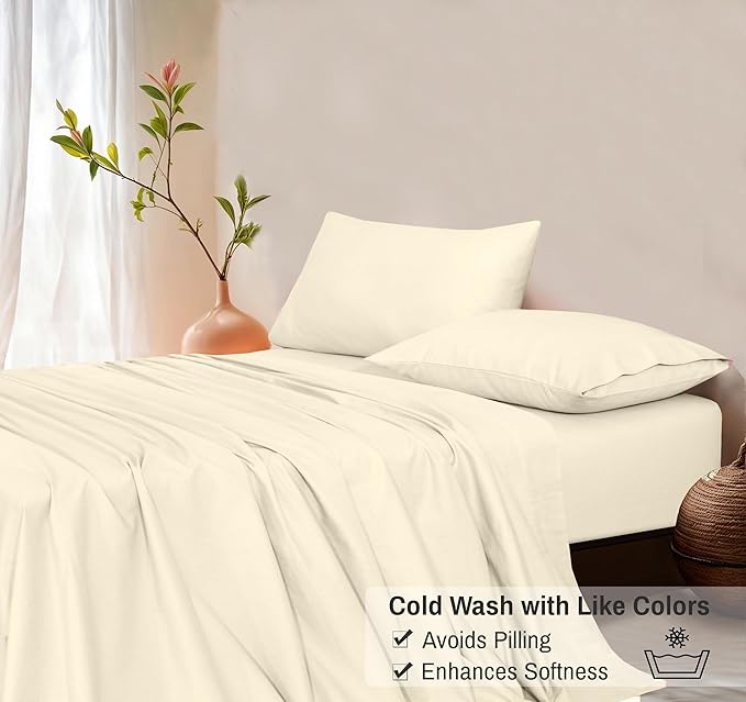 RUVANTI Flannel Sheets Queen Size - GOTS Certified 100% Organic Cotton, 4 Piece Warm, Soft & Breathable Set, Deep Pocket Snug Fit, Double Brushed Cozy All Season Bedding, Winter White