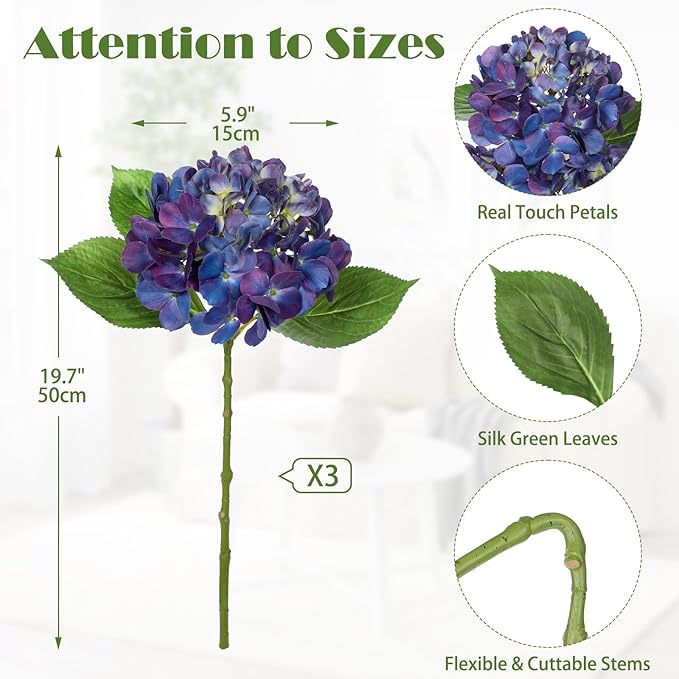 3Pcs Purple Hydrangea Artificial Flowers 19.7 in Real Touch Faux Hydrangea Stems Silk Flowers with Stems Fake Purple Flowers Bouquet for Floral Arrangements Table Centerpieces Wedding Home Decor