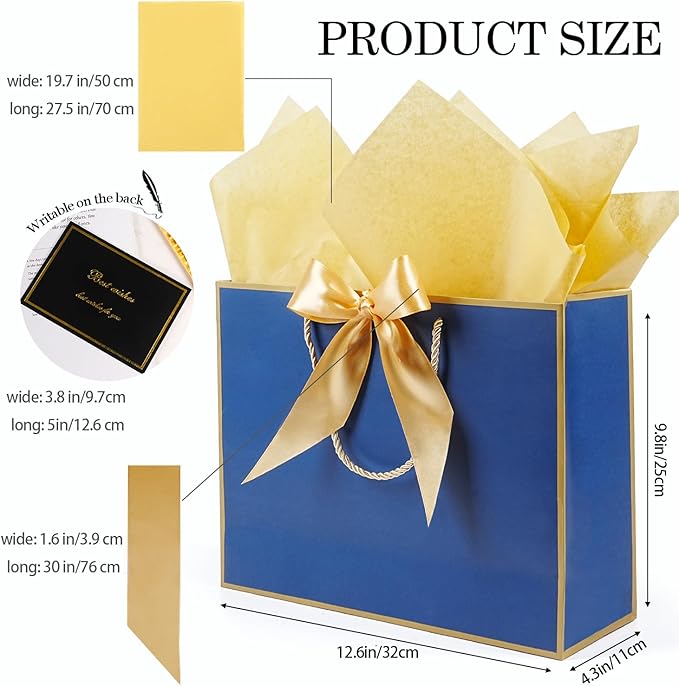 Navy Blue Gift Bags 13 x 10 x 4’’, Large Gift Bag Set with Tissue Paper and Greeting Card, 2 PCS Gift Bags with Handles Bow Ribbon, Paper Present Bags for Women Men Birthday Party Father's Day Wedding