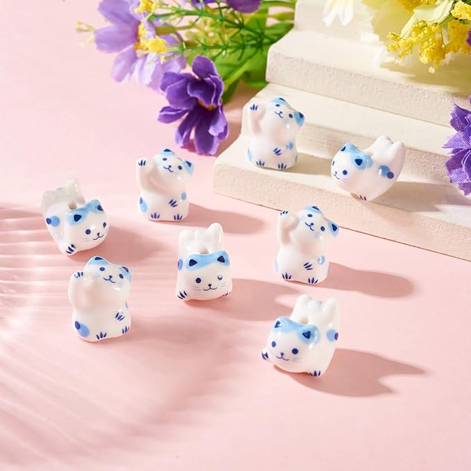 Beadthoven 8Pcs Lucky Cat Porcelain Beads 3D Blue White Handmade Craft Beads Animal Ceramic Cat Printed Ceramic Spacers with Hole for DIY Necklace Bracelet Keychain Craft Jewelry Making Supplies
