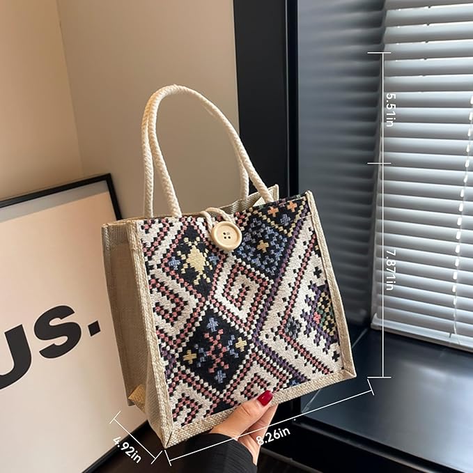 Women Tote Bag,2Pcs Jute Casual Tote's Handbag Embroidered Personalized Bento Bag,Reusable Grocery Bags Shopping Bags