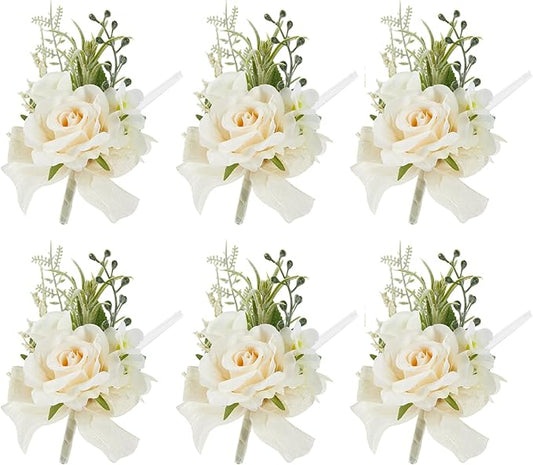 Meldel Champagne Boutonniere for Men - Set of 6, Rose Groomsmen Boutonniere for Wedding, Prom, Homecoming, Party, Vintage Occasions