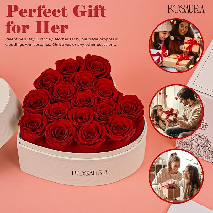 Rosaura Heart-Shaped Preserved Roses Gift Box - Real Forever Flowers for Birthday, Valentine's & Mother's Day (red, 16 Roses)