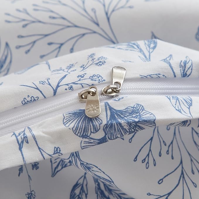 EAVD Vintage Style Garden Blue Floral Cotton Duvet Cover King White Boho Floral Bedding Set Chic Fresh Cottagecore Bedding Aesthetic Botanical Comforter Cover with 2 Pillowcases