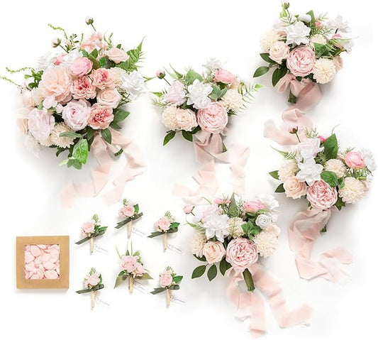 Ling's moment Wedding Artificial Flowers Package, Bridal Bouquet, Bridesmaid Bouquets, Boutonniere for Men, Rose Petals.Blush Pink