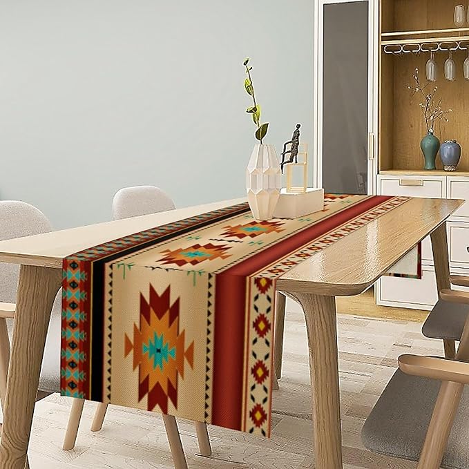 Aztec Southwest Table Runner, Ethnic Style Geometric Triditional Kitchen Table Runners Table Setting Decor for Garden Farmhouse Wedding Party Holiday Dinner Home, 13x90 Inch
