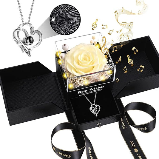 Preserved Real Rose Gift with “I Love You” 100 Languages Necklace and Music, Eternal Flower for Women Girlfriend Wife Mom Grandma, Romantic Anniversary Birthday Gift for Women
