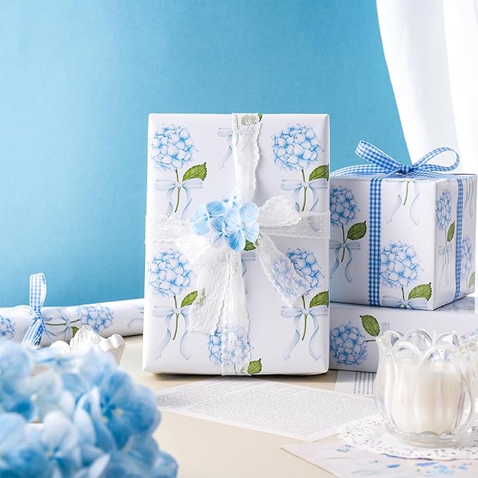 LeZakaa Blue Hydrangea Wrapping Paper Roll for Girls Women, Hydrangea Flowers & Bows Design for Wedding, Bridal Shower, Baby Shower, Mother's Day, DIY Bouquet, Mini Roll, 17 inches x 16.4 Feet