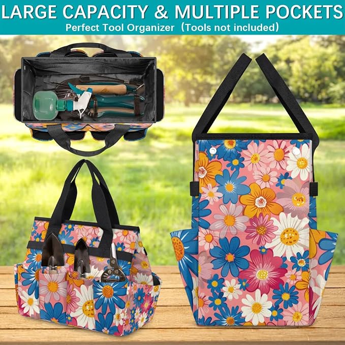 Garden Tool Bag Organizer Garden Tote Bag with Pockets Small Print Flowers Tool Storage Organizer Gardening Tool Kit Holder 13" x 6.8" x 2.8"