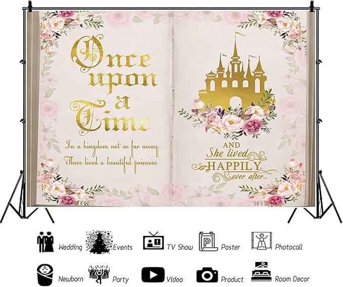 10x8ft Once Upon a Time Backdrop Fairy Tale Books Pink Floral Princess Castle Photography Background Romantic Wedding Birthday Party Banner Decorations Cake Table Decor