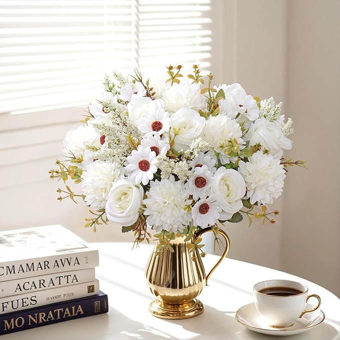 Dremisland Artificial Flowers Like Real Artificial Bouquet 2 Packs Silk Artificial Roses Bouquet with Daisy Chrysanthemum White Flowers for Centerpiece Table Wedding Party Home Decor