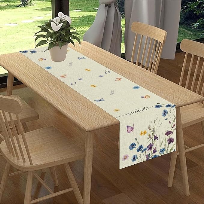 Blue Floral Table Runner, Spring Summer Watercolor Wildflower Butterfly Country Farmhouse Coffee Table Center Decor for Home Kitchen Dining Patio Holiday Party Table Decorations 13x36 inches