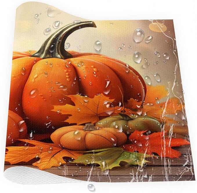 Thanksgiving Fall Pumpkin Placemats Set of 1 PVC Vinyl Non Slip Table Mats Heat Resistant Place Mats Washable Wipeable Dining Table Mat for Kitchen Decor Party Indoor Outdoor Decorative Gift