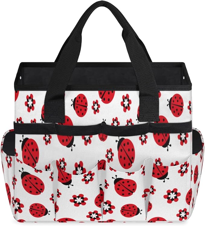 Ladybugs Flowers Garden Tool Tote Bag for Women Men Gardening Tool Storage Bags with 10 Pockets Standable Garden Home Tool Kits Organizer for Indoor Outdoor Gardening Gifts