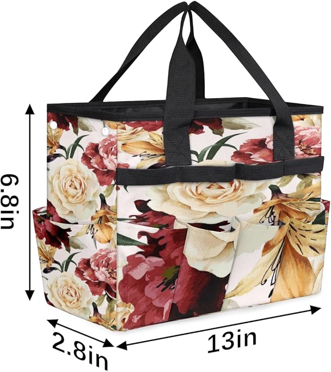 Floral Flower Pattern Garden Tool Tote Bag for Women Men Gardening Tool Storage Bags with 10 Pockets Standable Garden Home Tool Kits Organizer for Indoor Outdoor Gardening Gifts