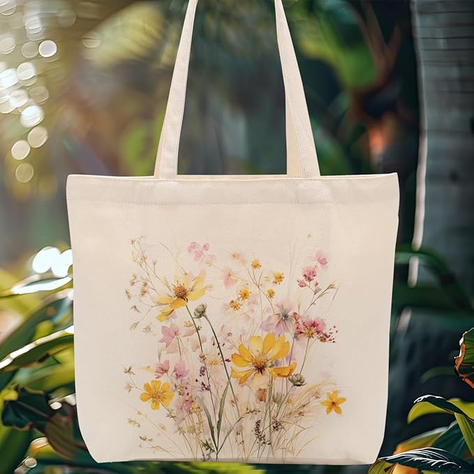 Aesthetic Floral Canvas Tote Bag for Women with Pocket, Tote Bags for Grocery Shopping Travel Christmas Birthday