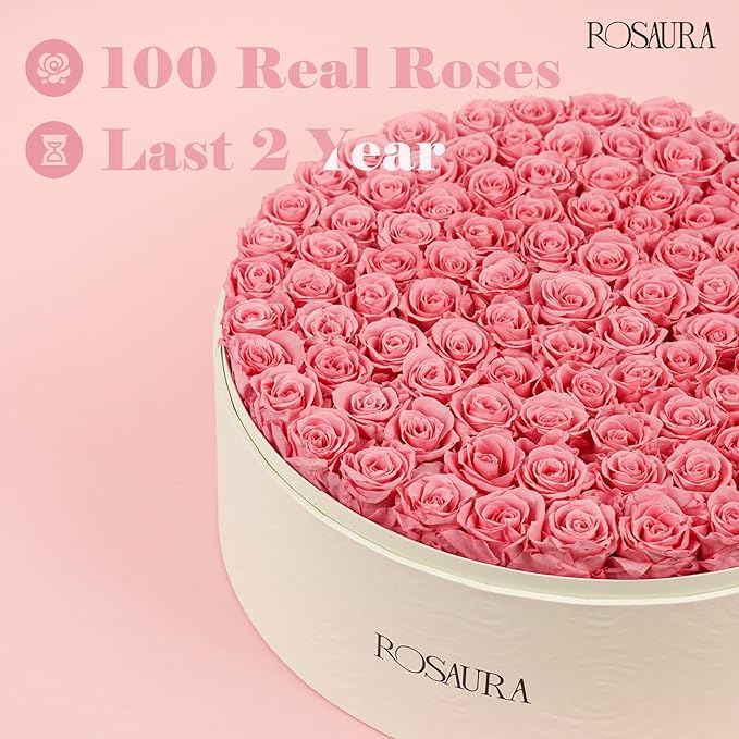 Rosaura Round Preserved Roses Gift Box - Real Forever Flowers for Birthday, Valentine's & Mother's Day (Pink, 100 Roses)